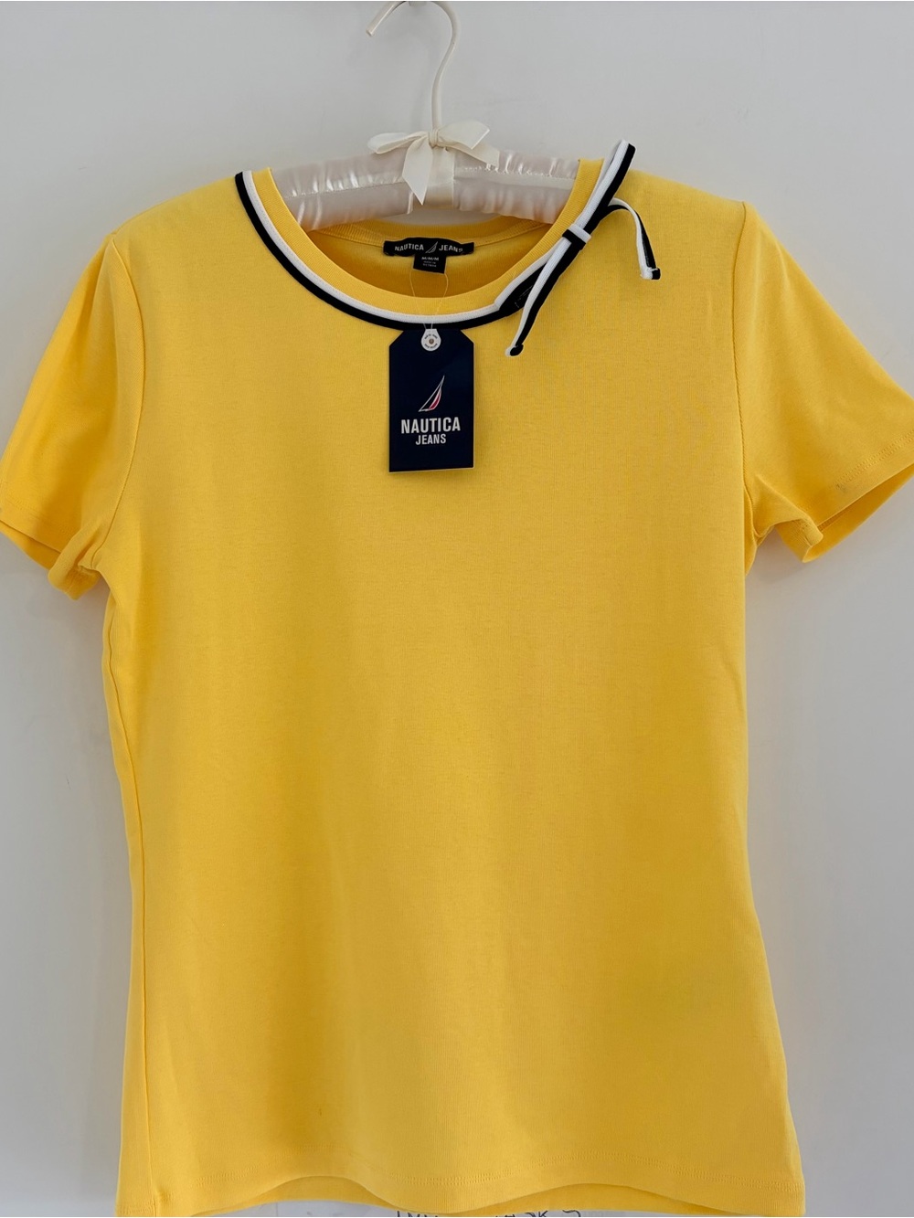 Nautica Yellow Short-Sleeve Crewneck Top with Black & White Trim, M